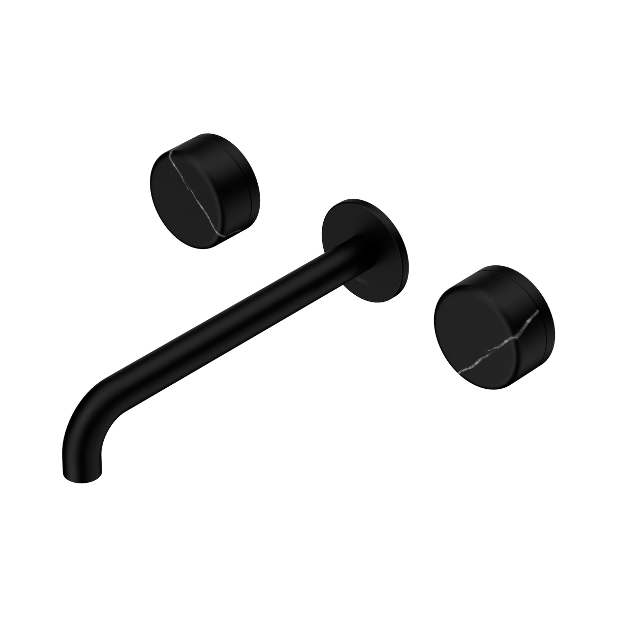 An image of Nero Tapware's Serenity Wall Basin Set 220mm Spout With Marquina Black Handle Matt Black