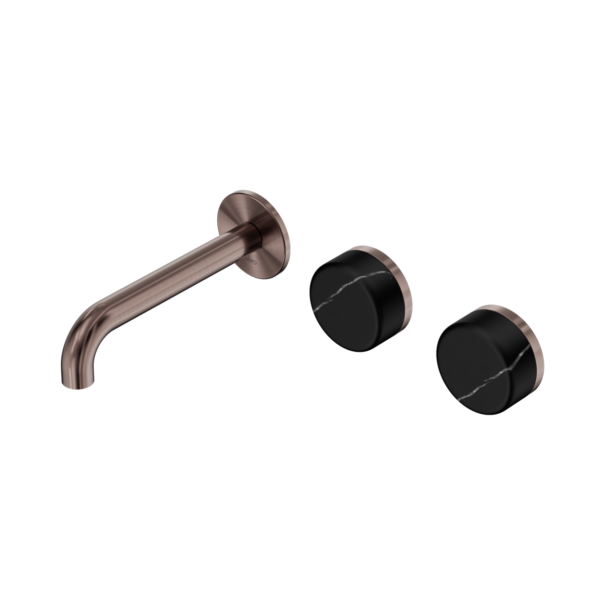An image of Nero Tapware's Serenity Wall Basin Set 160mm Offset Spout With Marquina Black Handle Brushed Bronze