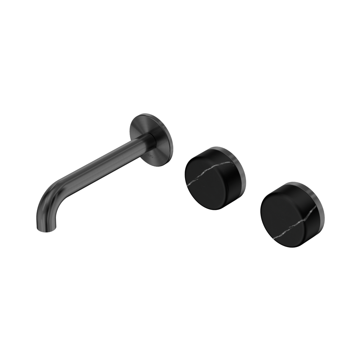 An image of Nero Tapware's Serenity Wall Basin Set 160mm Offset Spout With Marquina Black Handle Gun Metal