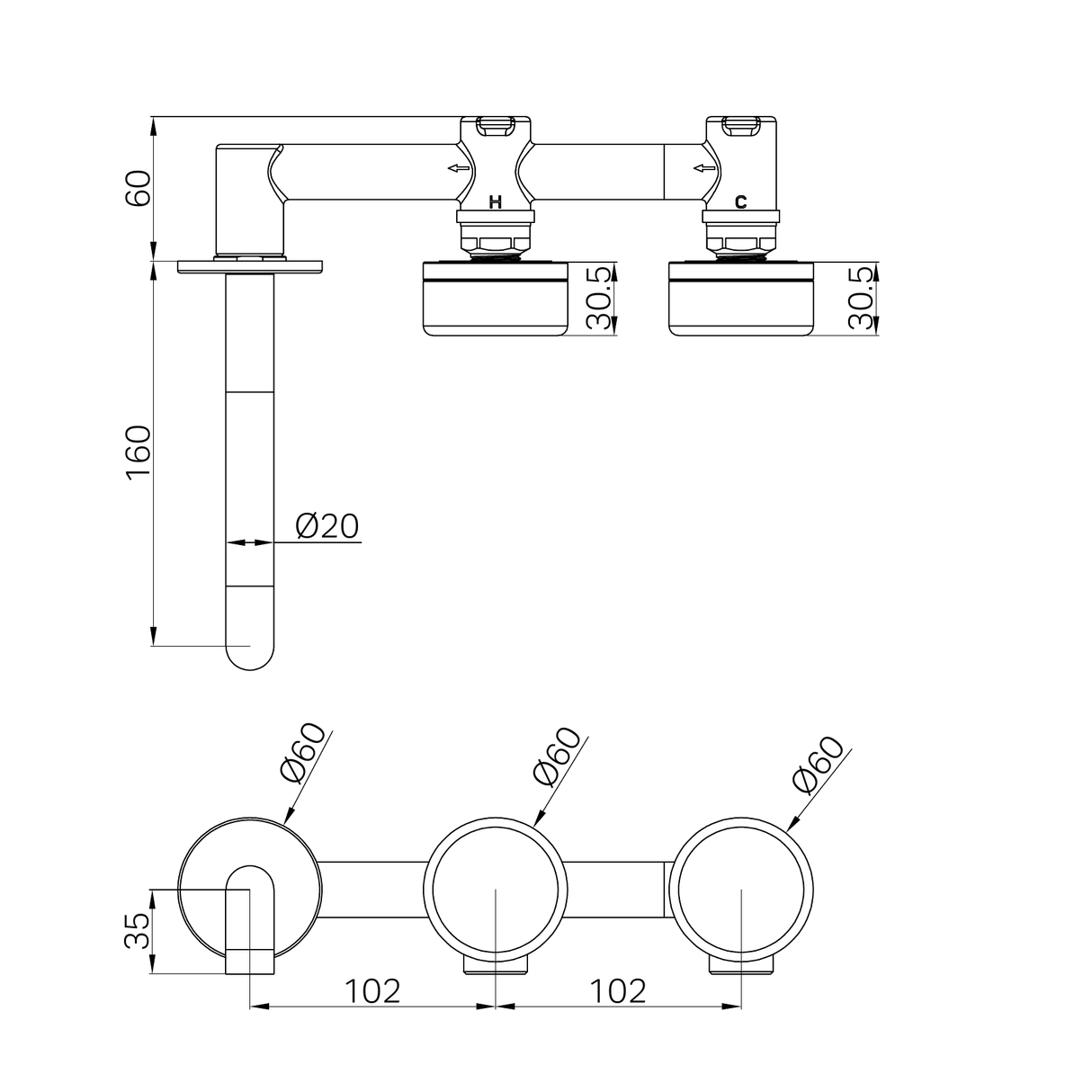 A line drawing of Nero Tapware's Serenity Wall Basin Set 160mm Offset Spout With Marquina Black Handle Gun Metal