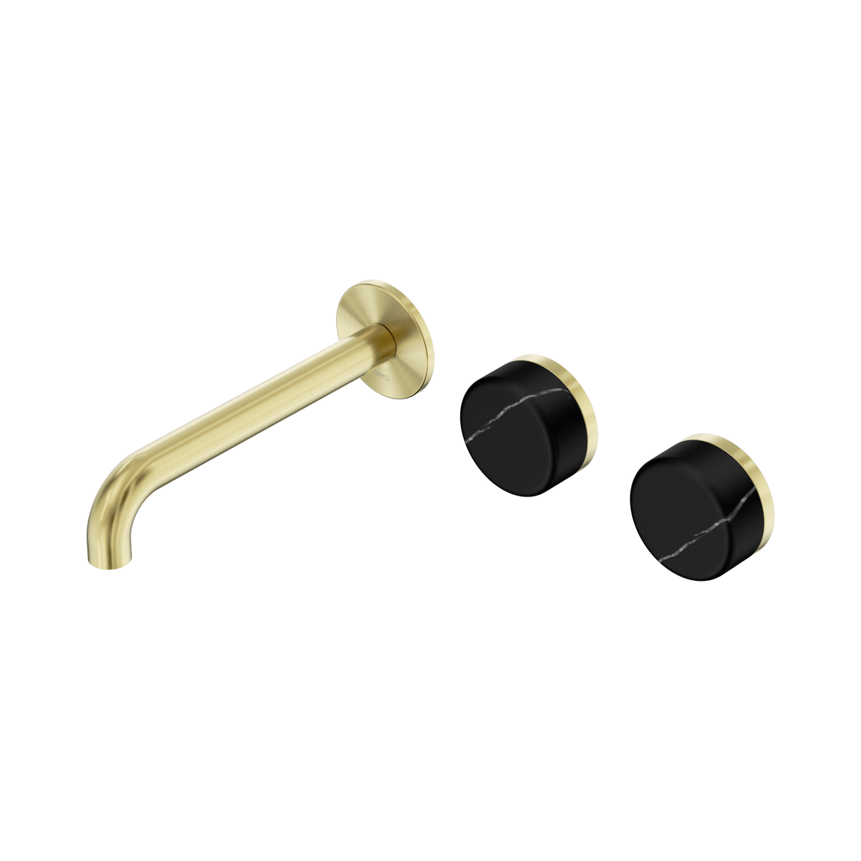 An image of Nero Tapware's Serenity Wall Basin Set 185mm Offset Spout With Marquina Black Handle Brushed Gold