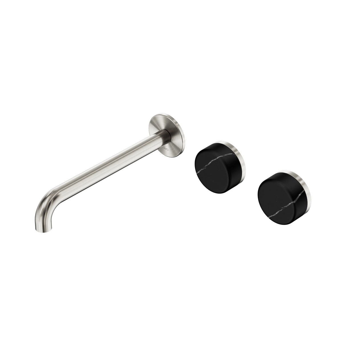 An image of Nero Tapware's Serenity Wall Basin Set 220mm Offset Spout With Marquina Black Handle Brushed Nickel