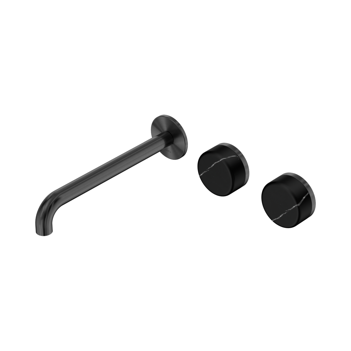 An image of Nero Tapware's Serenity Wall Basin Set 220mm Offset Spout With Marquina Black Handle Gun Metal