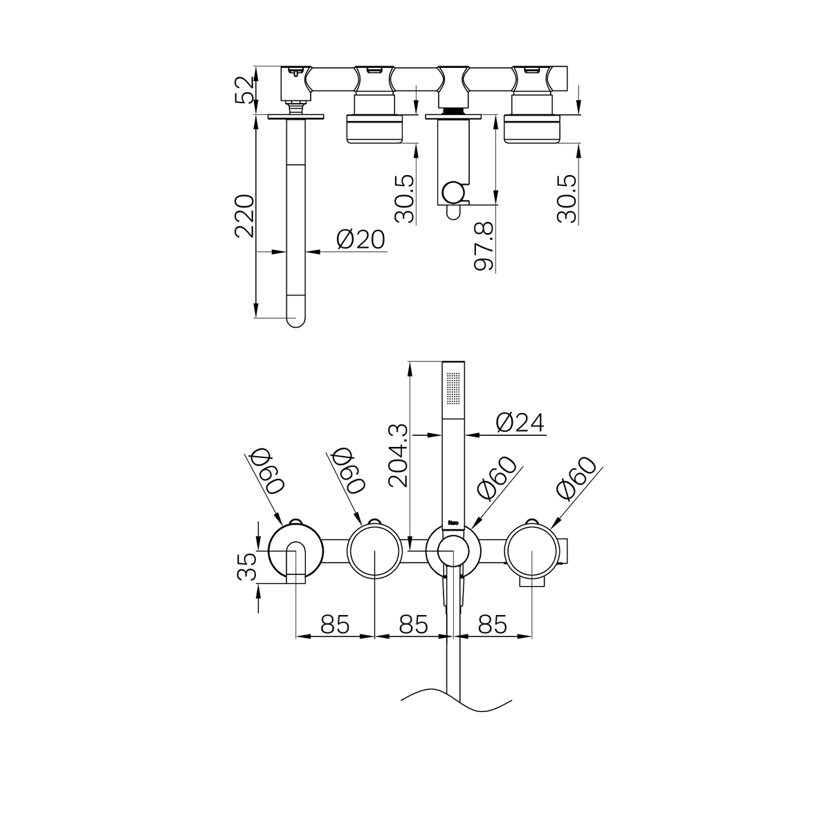 A line drawing of Nero Tapware's Serenity Progressive Shower System With Spout With Carrara Handle And Slim Shower Chrome