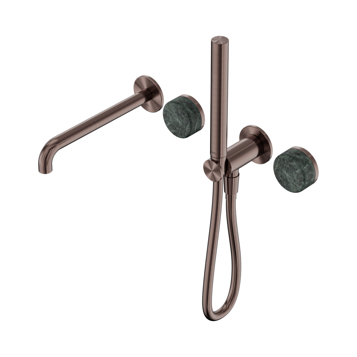 An image of Nero Tapware's Serenity Progressive Shower System With Spout With Verde Alpi Handle And Slim Shower Brushed Bronze
