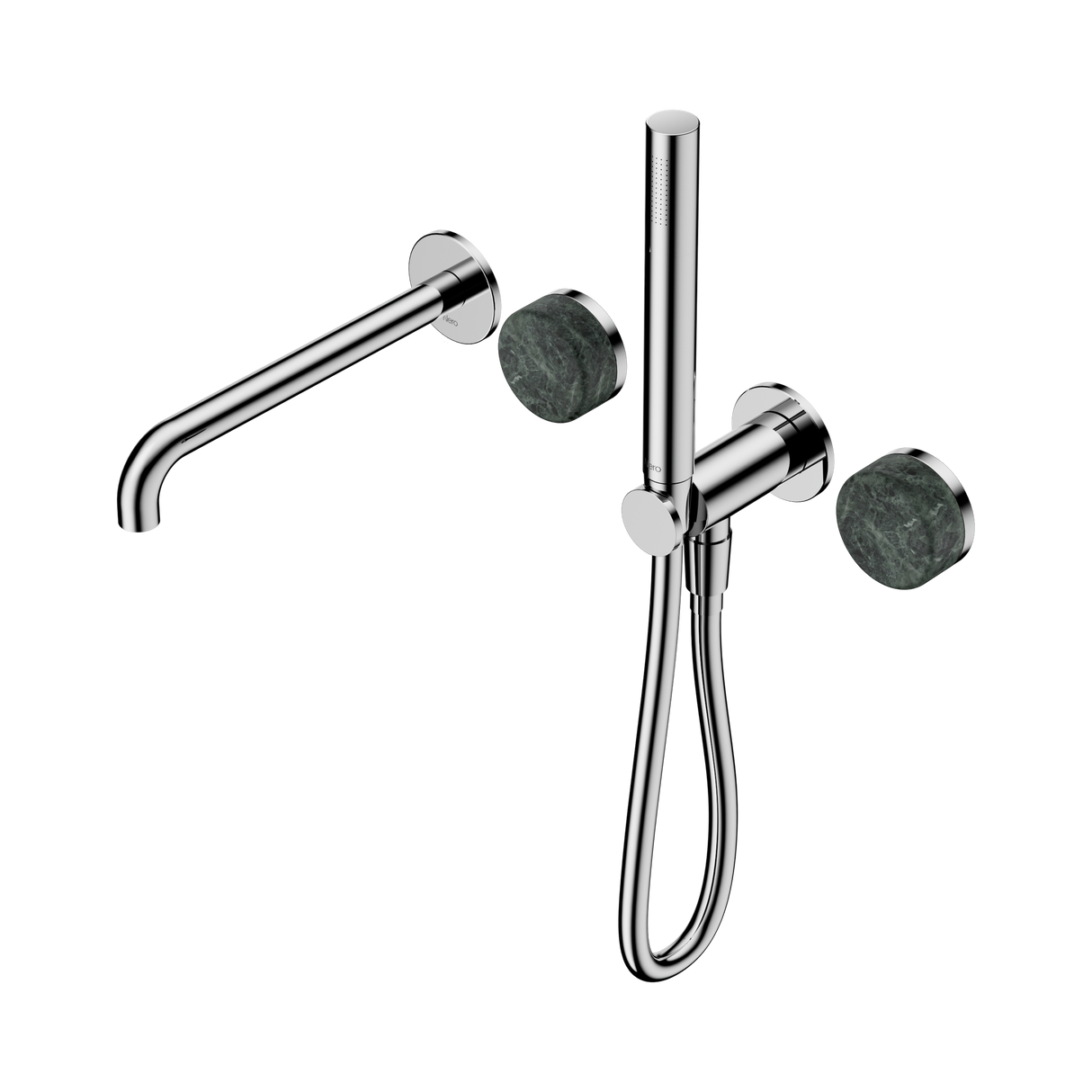 An image of Nero Tapware's Serenity Progressive Shower System With Spout With Verde Alpi Handle And Slim Shower Chrome