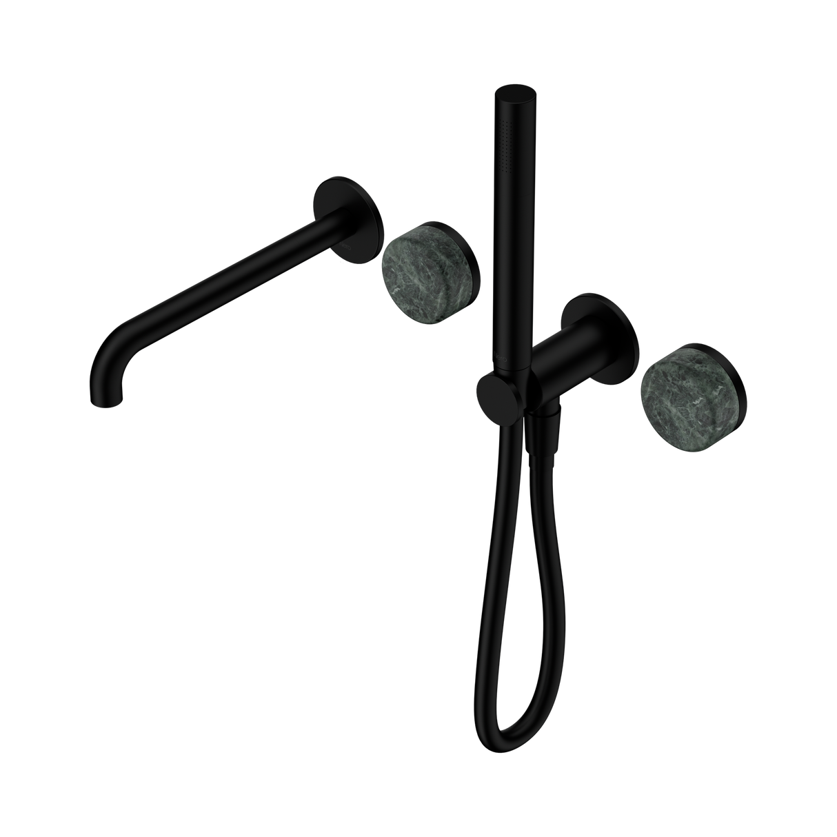 An image of Nero Tapware's Serenity Progressive Shower System With Spout With Verde Alpi Handle And Slim Shower Matt Black