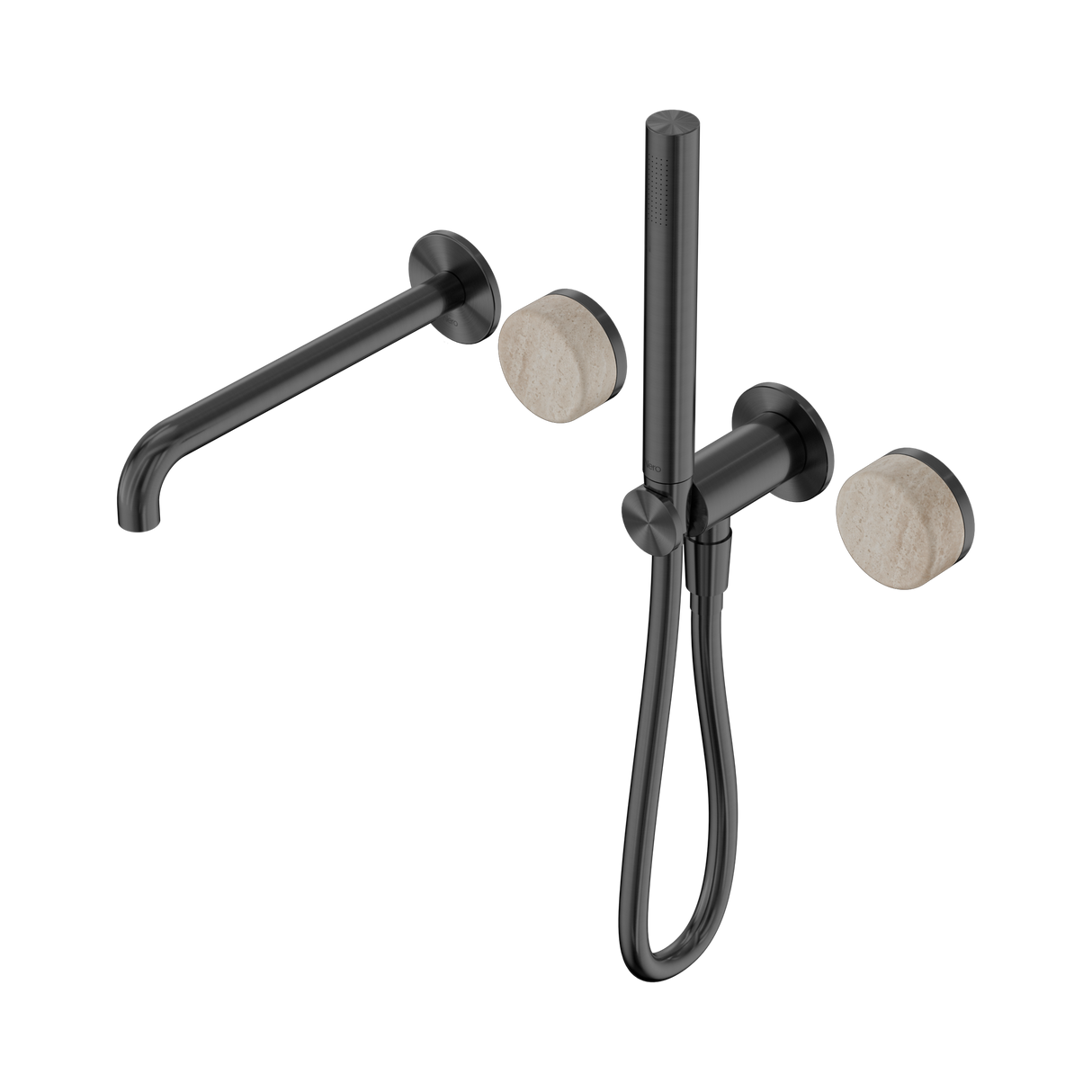An image of Nero Tapware's Serenity Progressive Shower System With Spout With Rome Travertine Handle And Slim Shower Gun Metal
