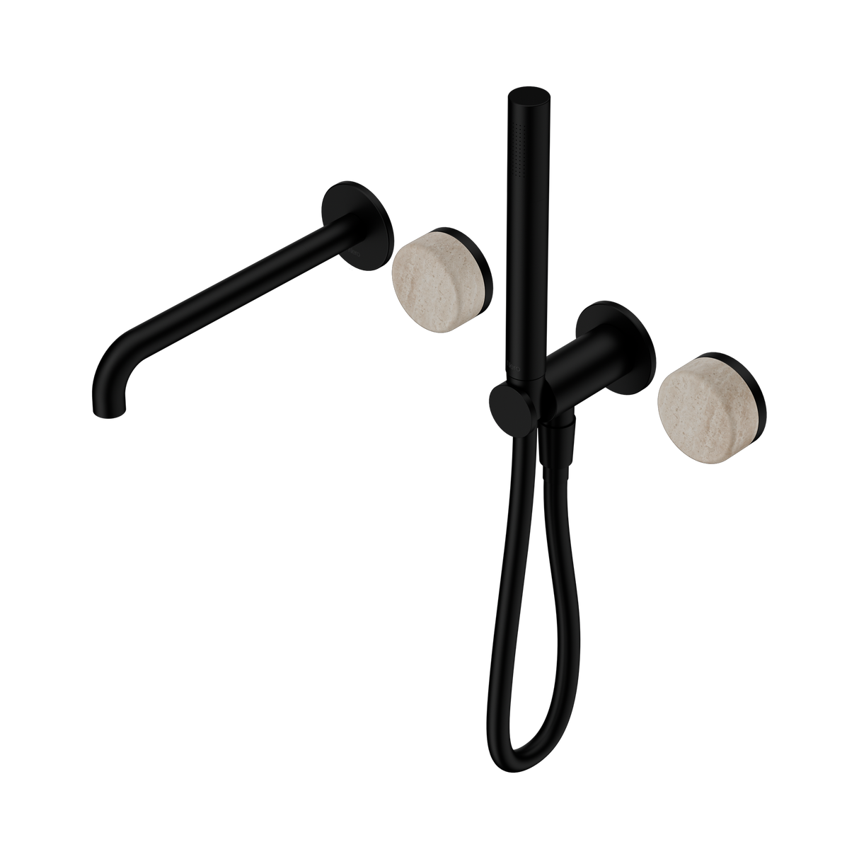 An image of Nero Tapware's Serenity Progressive Shower System With Spout With Rome Travertine Handle And Slim Shower Matt Black
