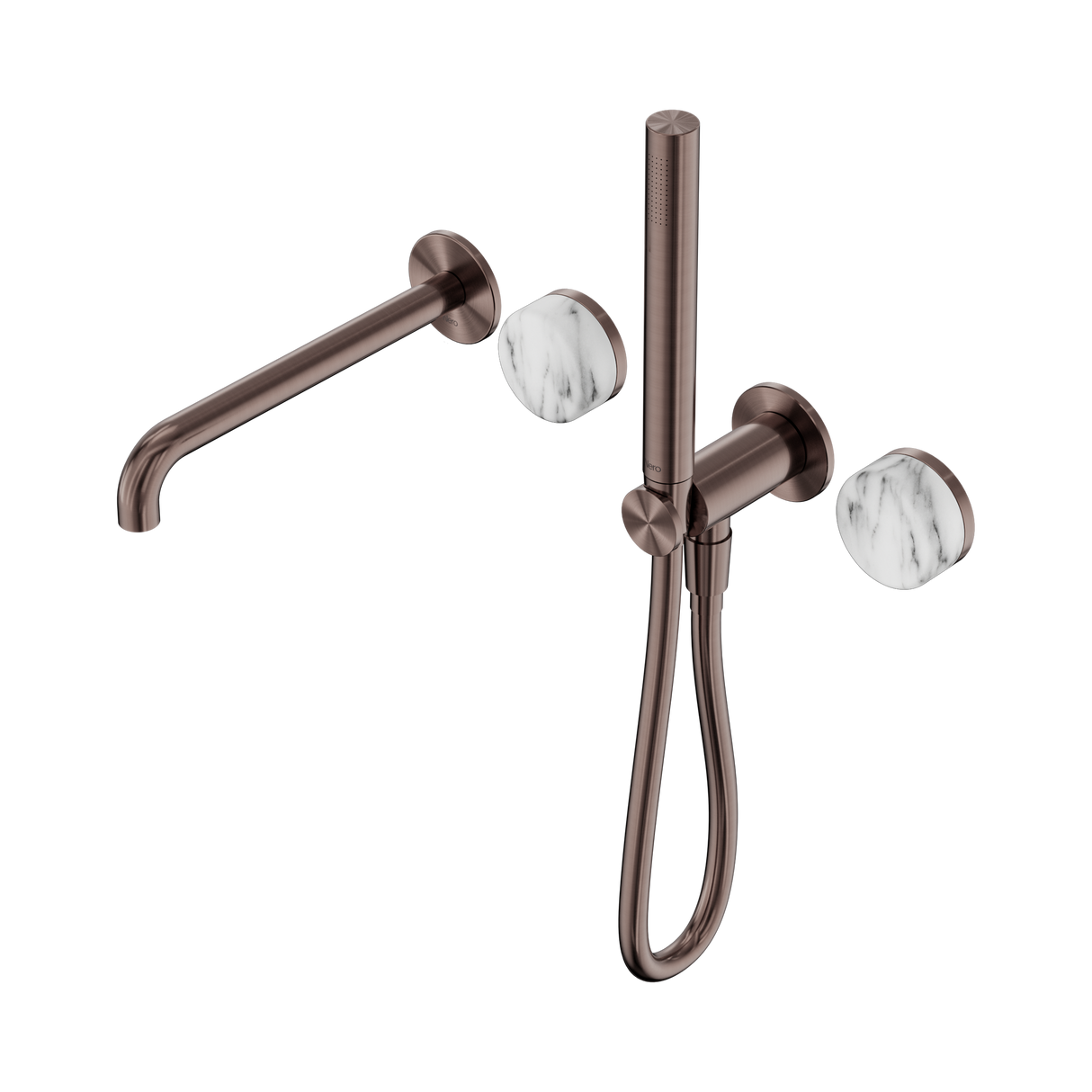 An image of Nero Tapware's Serenity Progressive Shower System With Spout With Arabescato Corchia Handle And Slim Shower Brushed Bronze