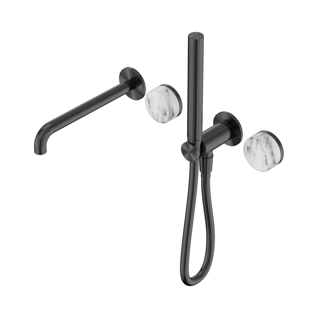An image of Nero Tapware's Serenity Progressive Shower System With Spout With Arabescato Corchia Handle And Slim Shower Gun Metal