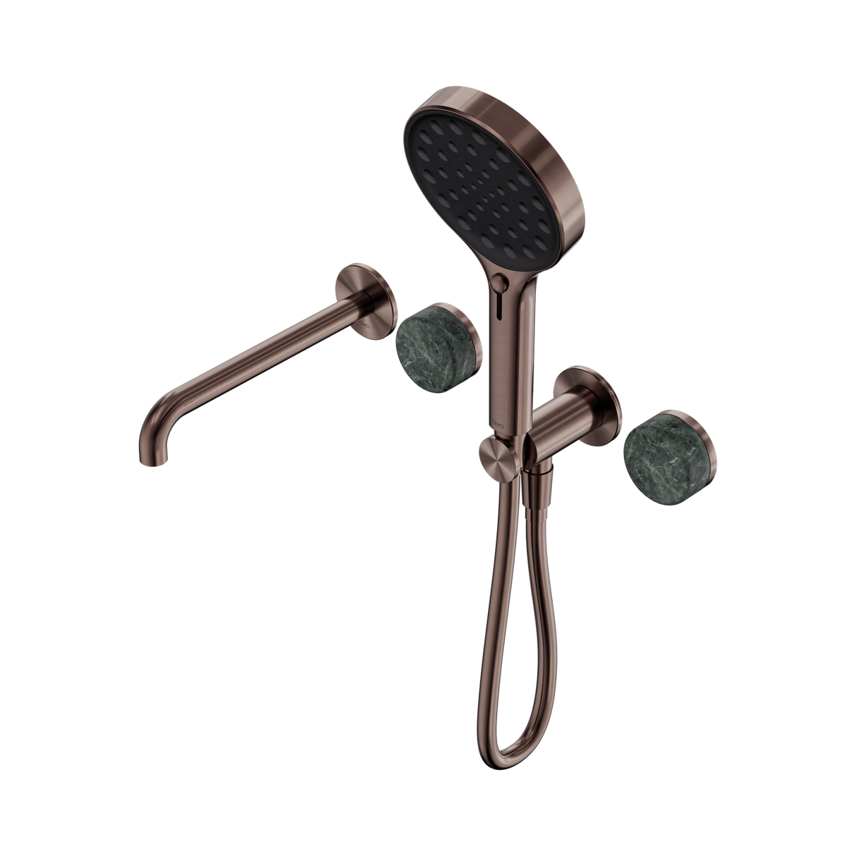 An image of Nero Tapware's Serenity Progressive Shower System With Spout With Verde Alpi Handle And Serenity Hand Shower Brushed Bronze