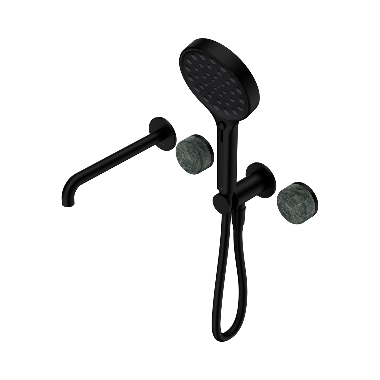 An image of Nero Tapware's Serenity Progressive Shower System With Spout With Verde Alpi Handle And Serenity Hand Shower Matt Black