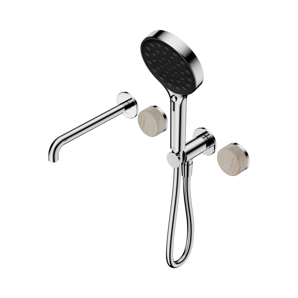 An image of Nero Tapware's Serenity Progressive Shower System With Spout With Rome Travertine Handle And Serenity Hand Shower Chrome