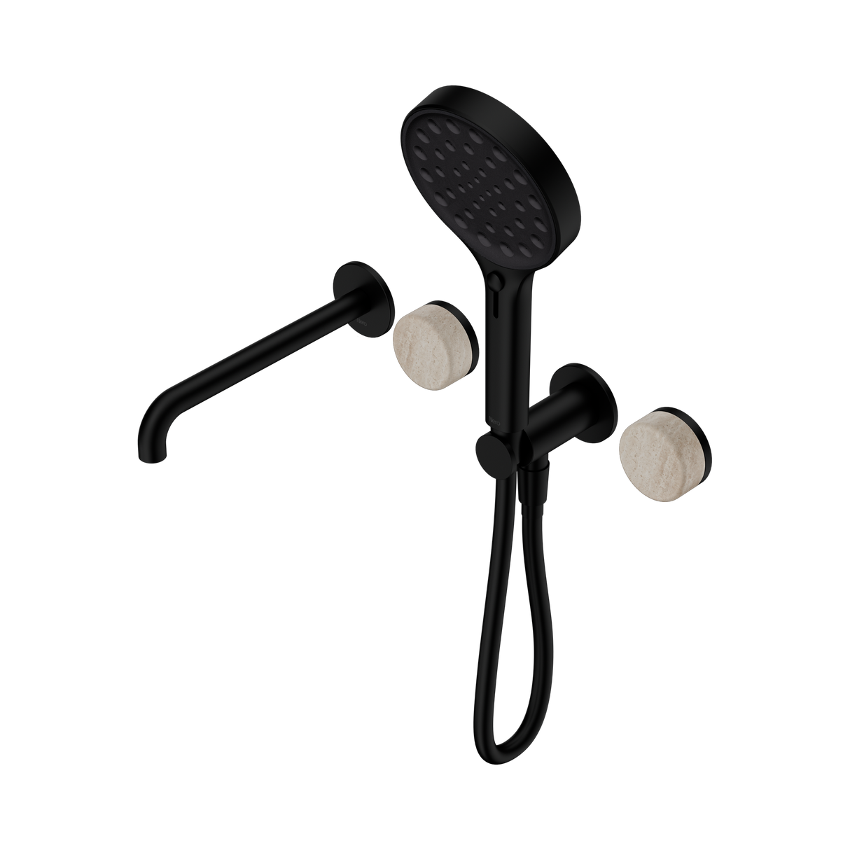 An image of Nero Tapware's Serenity Progressive Shower System With Spout With Rome Travertine Handle And Serenity Hand Shower Matt Black
