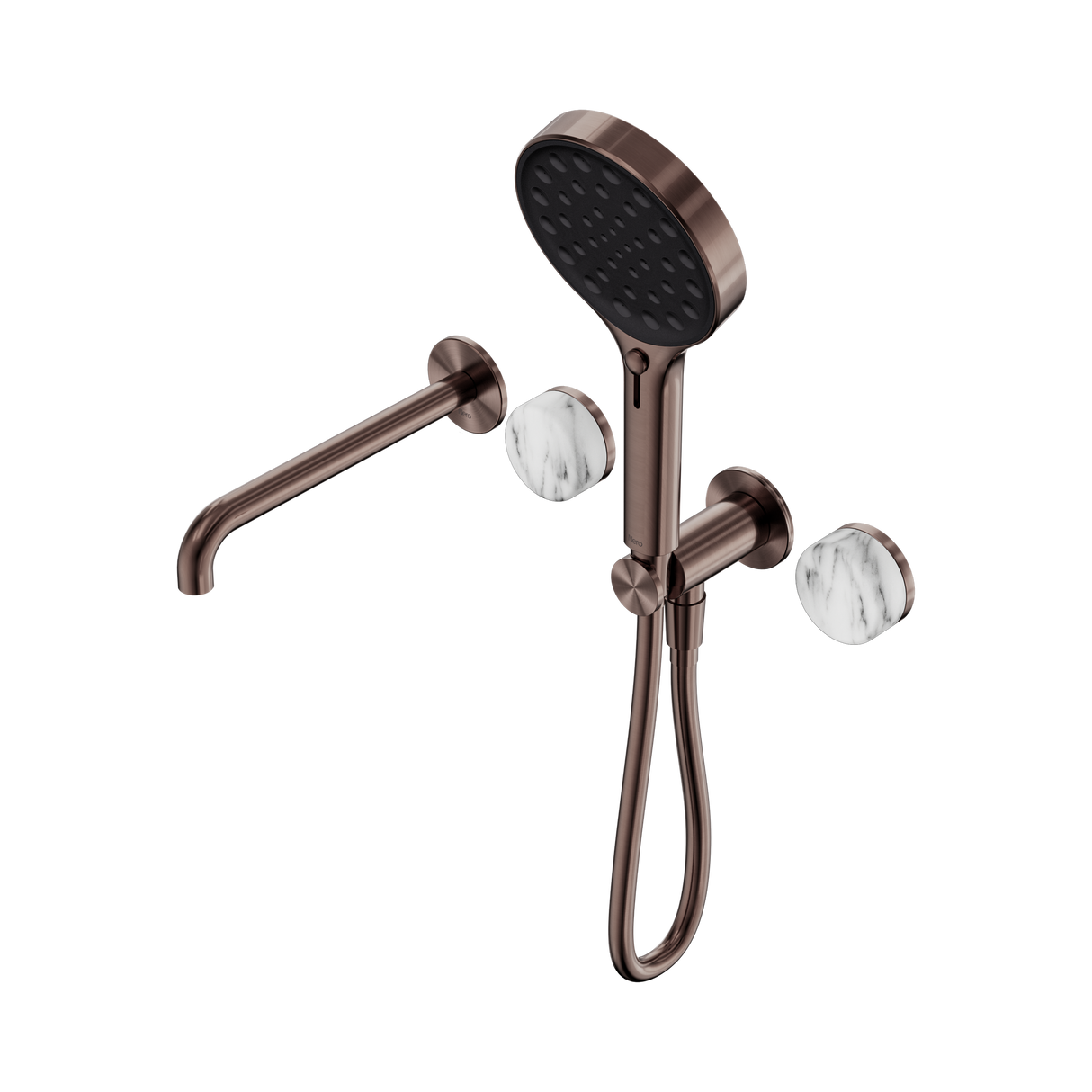 An image of Nero Tapware's Serenity Progressive Shower System With Spout With Arabescato Corchia Handle And Serenity Hand Shower Brushed Bronze