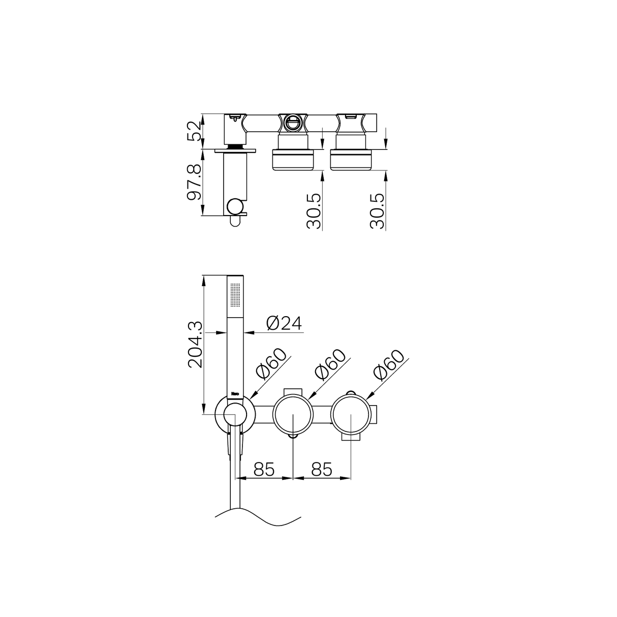 A line drawing of Nero Tapware's Serenity Progressive Shower System With Rome Travertine Handle And Slim Shower Brushed Bronze
