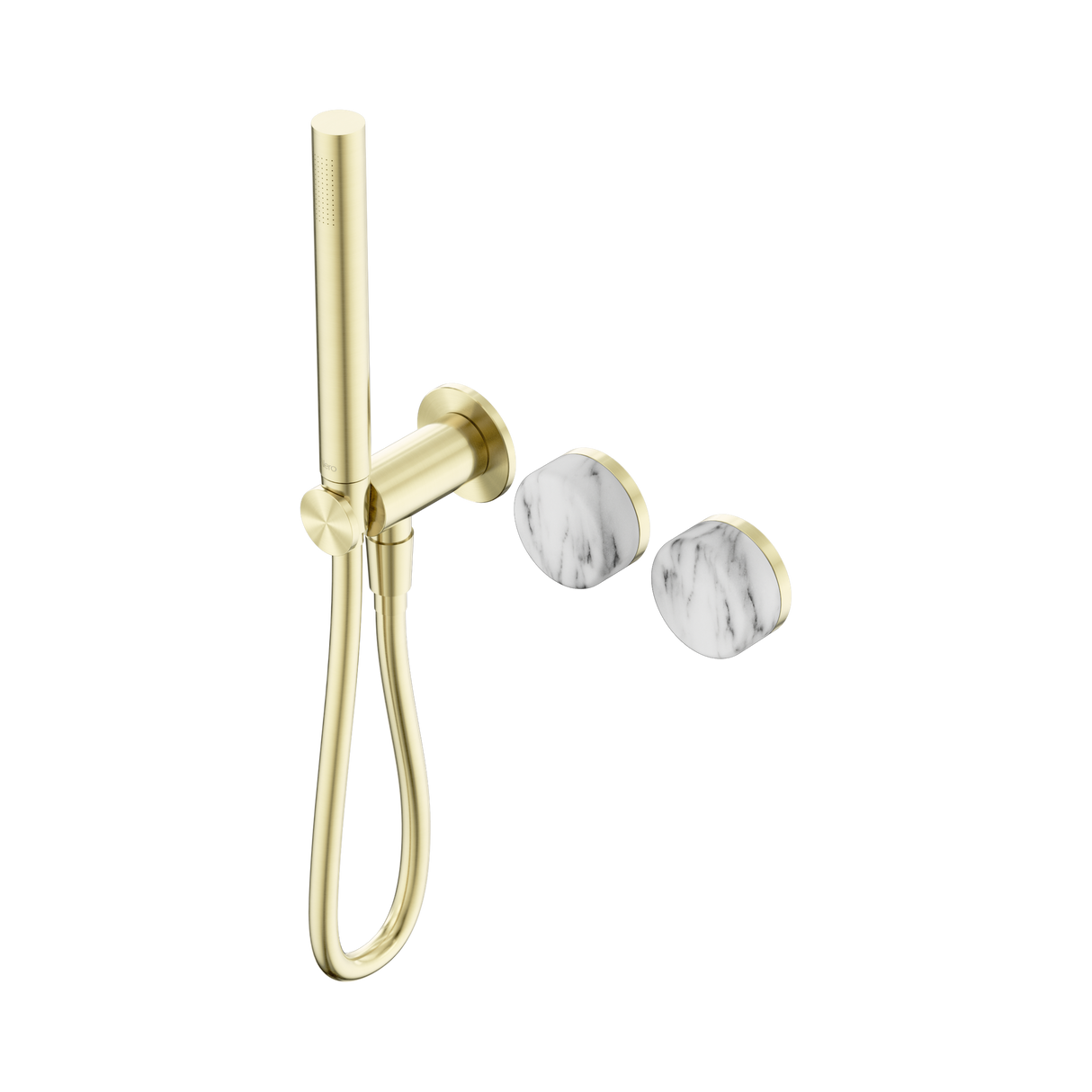 An image of Nero Tapware's Serenity Progressive Shower System With Arabescato Corchia Handle And Slim Shower Brushed Gold