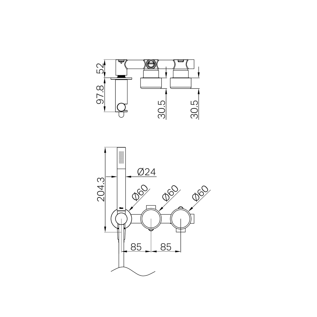 A line drawing of Nero Tapware's Serenity Progressive Shower System With Metal Handle And Slim Shower Chrome