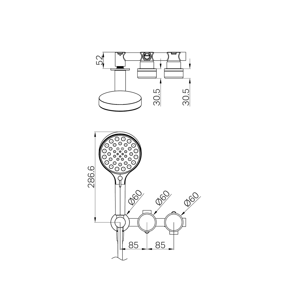 A line drawing of Nero Tapware's Serenity Progressive Shower System With Carrara Handle And Serenity Hand Shower Chrome