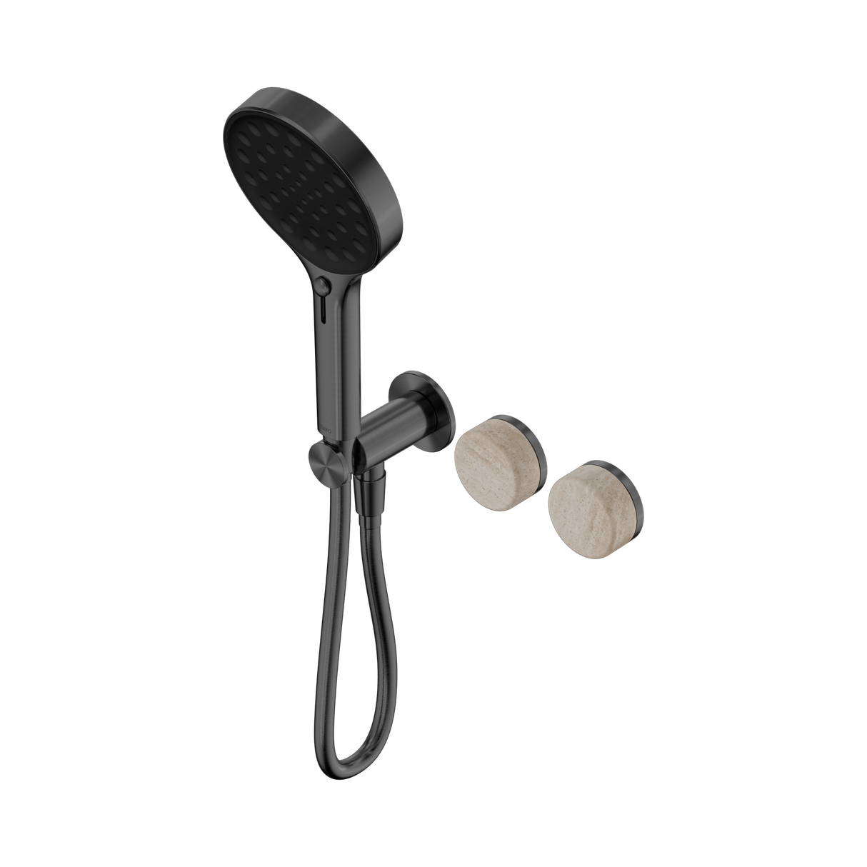 An image of Nero Tapware's Serenity Progressive Shower System With Rome Travertine Handle And Serenity Hand Shower Gun Metal