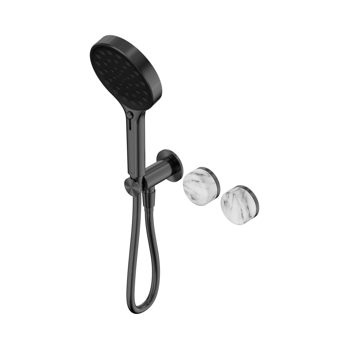 An image of Nero Tapware's Serenity Progressive Shower System With Arabescato Corchia Handle And Serenity Hand Shower Gun Metal