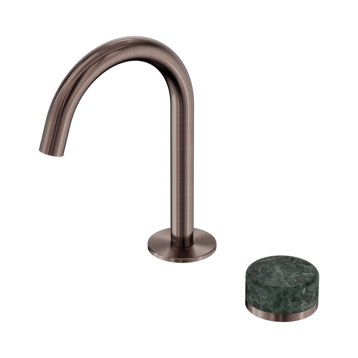 An image of Nero Tapware's Serenity Progressive Basin Mixer Arc Spout With Verde Alpi Handle Brushed Bronze