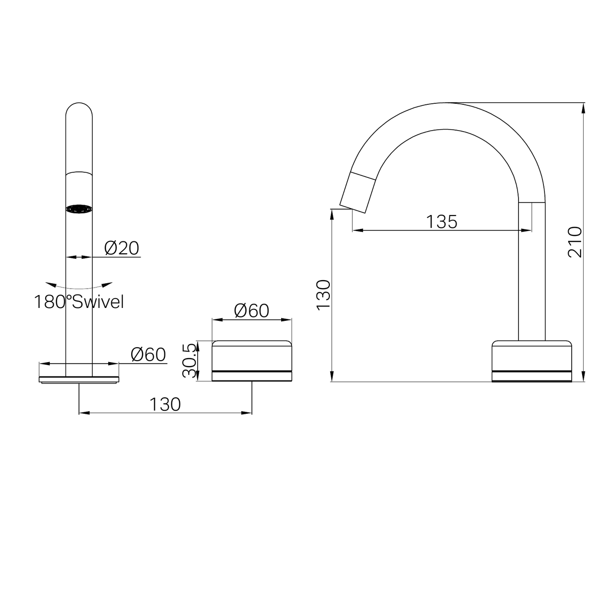 A line drawing of Nero Tapware's Serenity Progressive Basin Mixer Arc Spout With Rome Travertine Handle Brushed Bronze