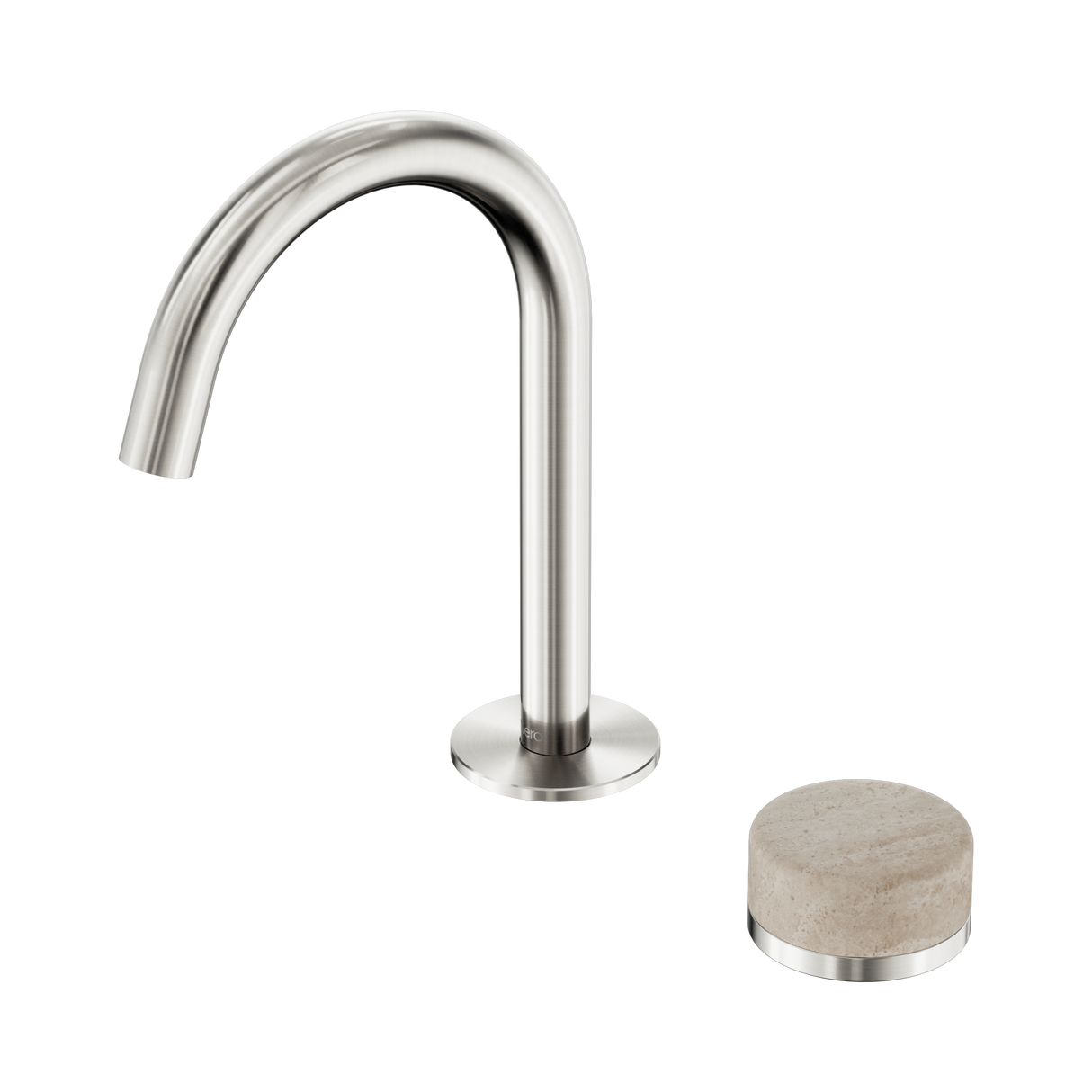 An image of Nero Tapware's Serenity Progressive Basin Mixer Arc Spout With Rome Travertine Handle Brushed Nickel