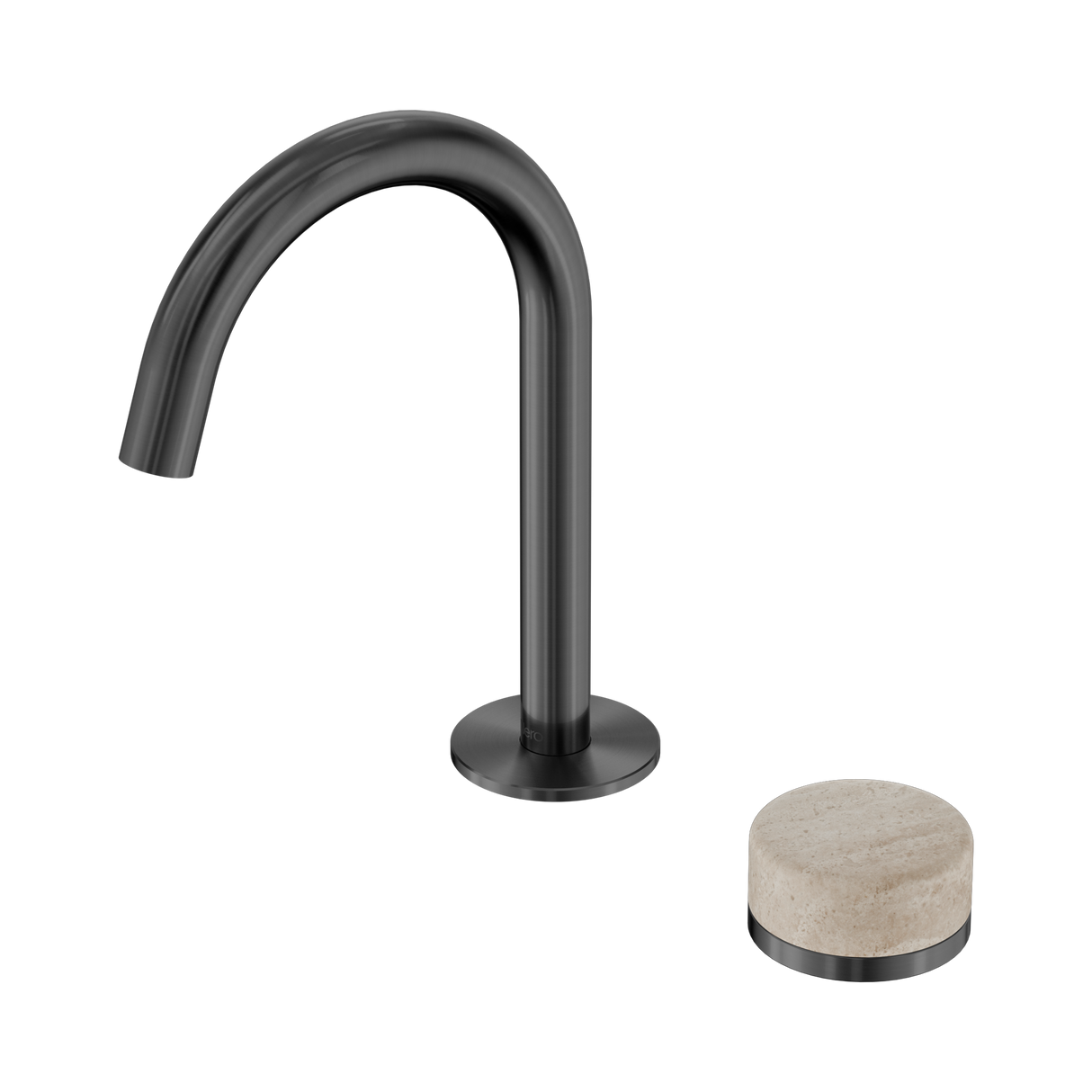 An image of Nero Tapware's Serenity Progressive Basin Mixer Arc Spout With Rome Travertine Handle Gun Metal