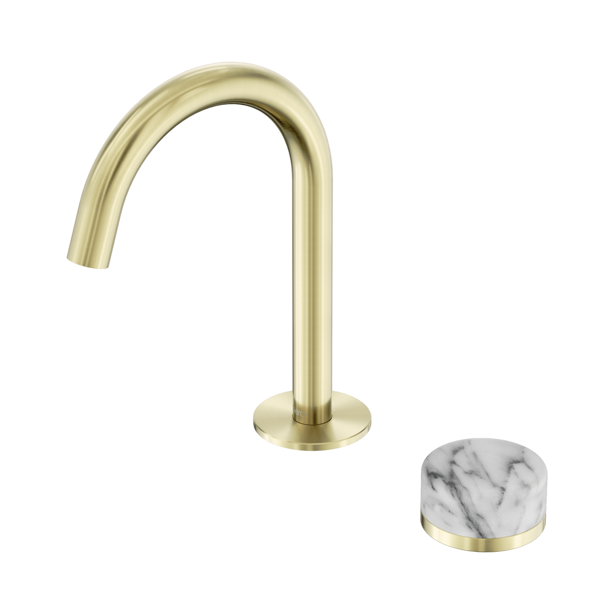 An image of Nero Tapware's Serenity Progressive Basin Mixer Arc Spout With Arabescato Corchia Handle Brushed Gold