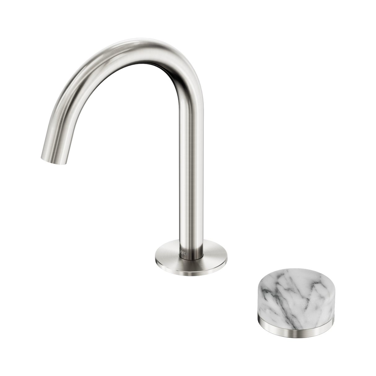 An image of Nero Tapware's Serenity Progressive Basin Mixer Arc Spout With Arabescato Corchia Handle Brushed Nickel