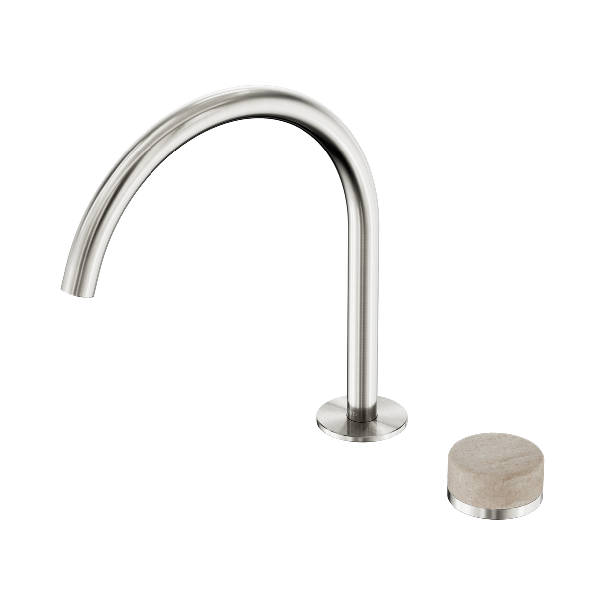 An image of Nero Tapware's Serenity Progressive Bath/Kitchen Mixer Arc Spout With Rome Travertine Handle Brushed Nickel