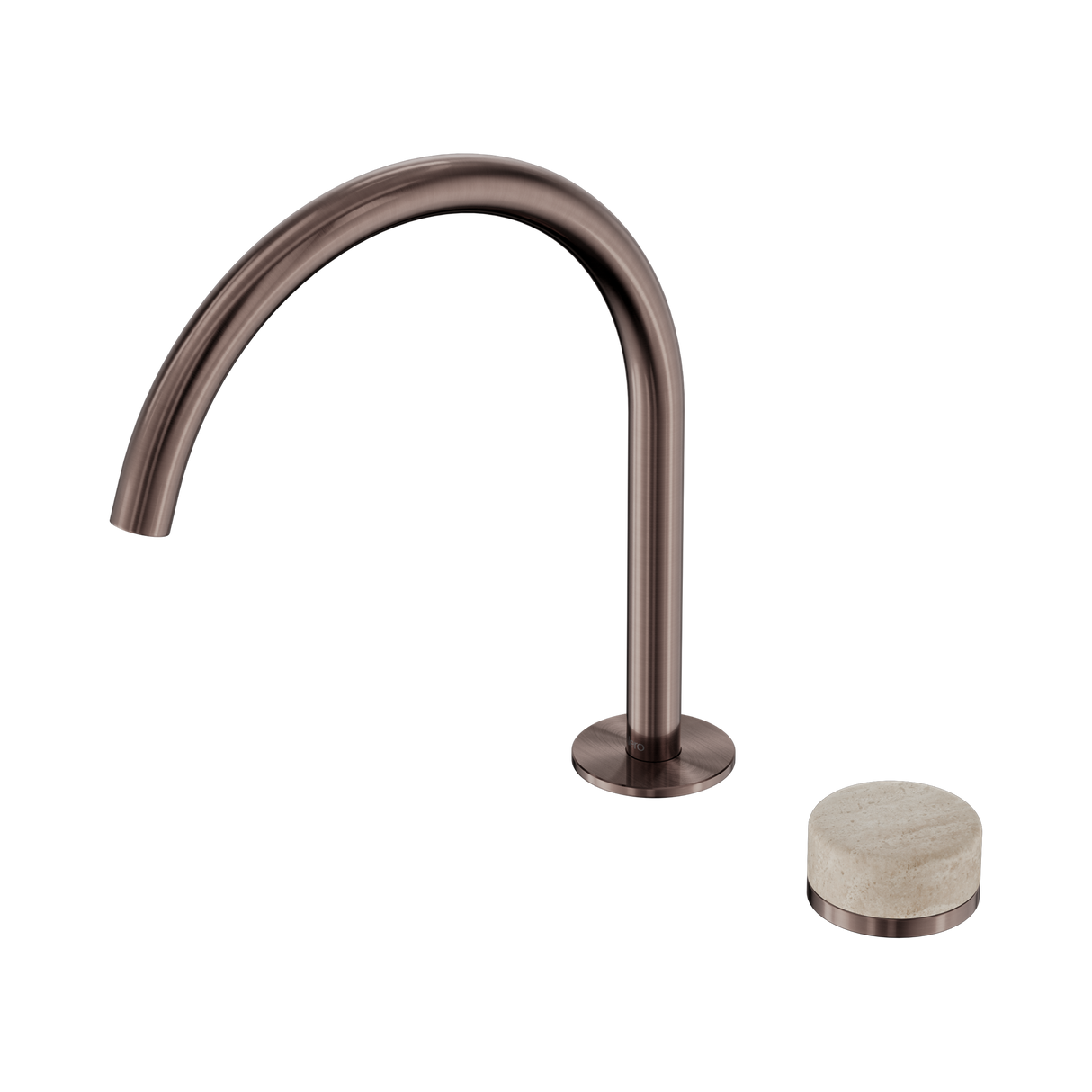 An image of Nero Tapware's Serenity Progressive Bath/Kitchen Mixer Arc Spout With Rome Travertine Handle Brushed Bronze