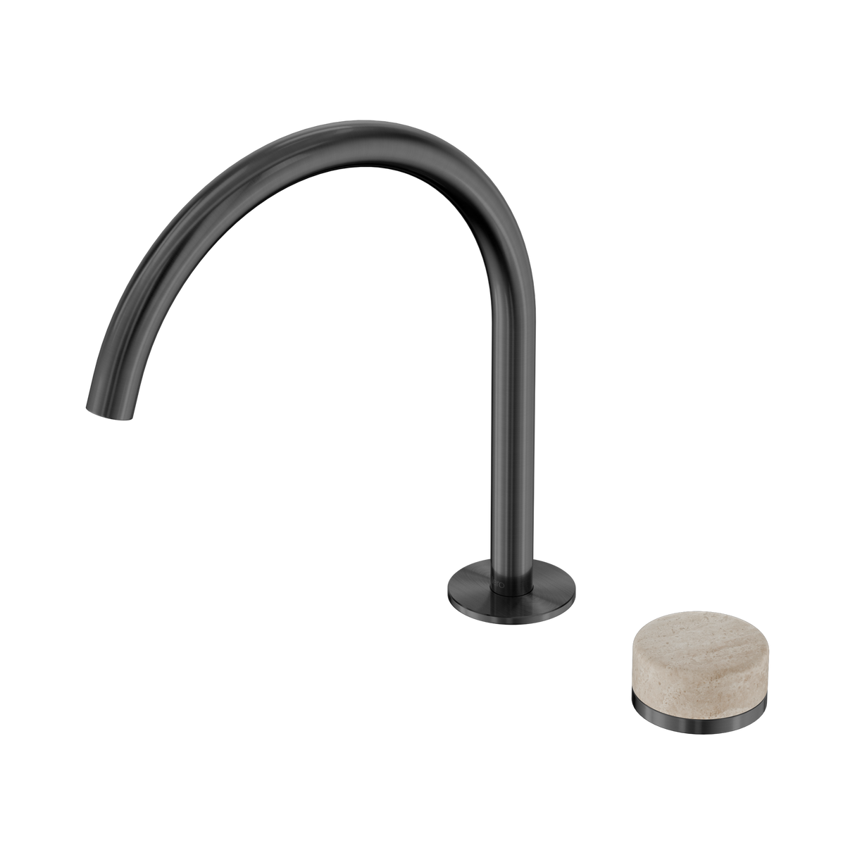 An image of Nero Tapware's Serenity Progressive Bath/Kitchen Mixer Arc Spout With Rome Travertine Handle Gun Metal