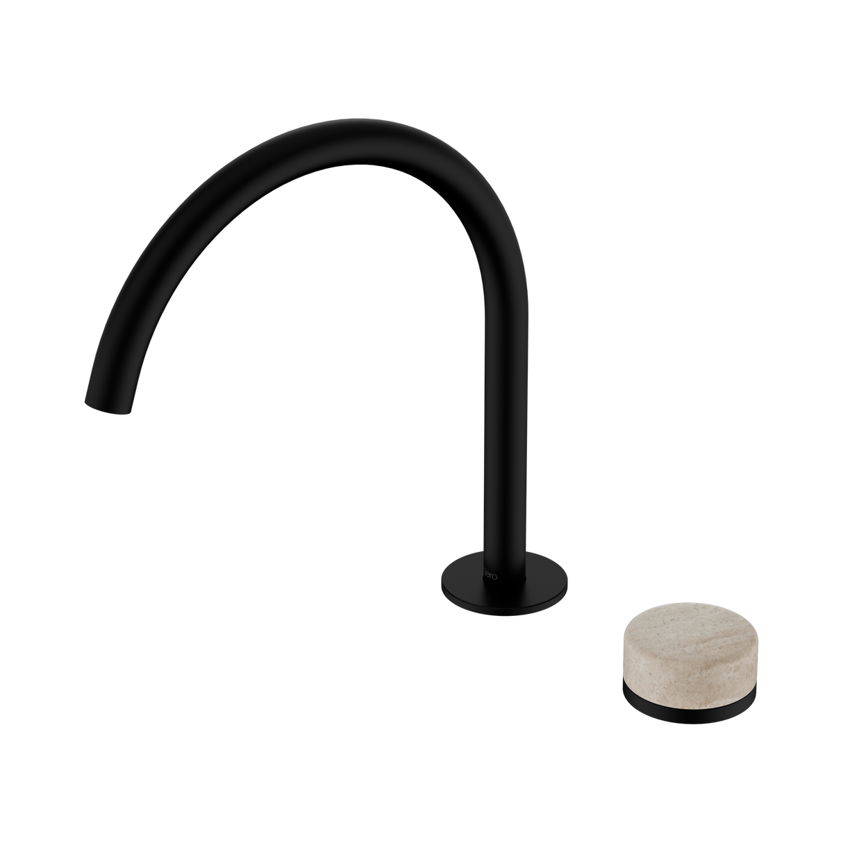 An image of Nero Tapware's Serenity Progressive Bath/Kitchen Mixer Arc Spout With Rome Travertine Handle Matt Black