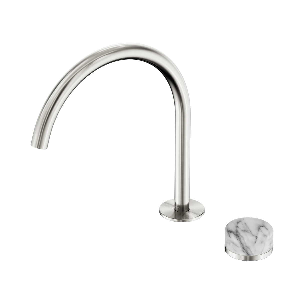 An image of Nero Tapware's Serenity Progressive Bath/Kitchen Mixer Arc Spout With Arabescato Corchia Handle Brushed Nickel