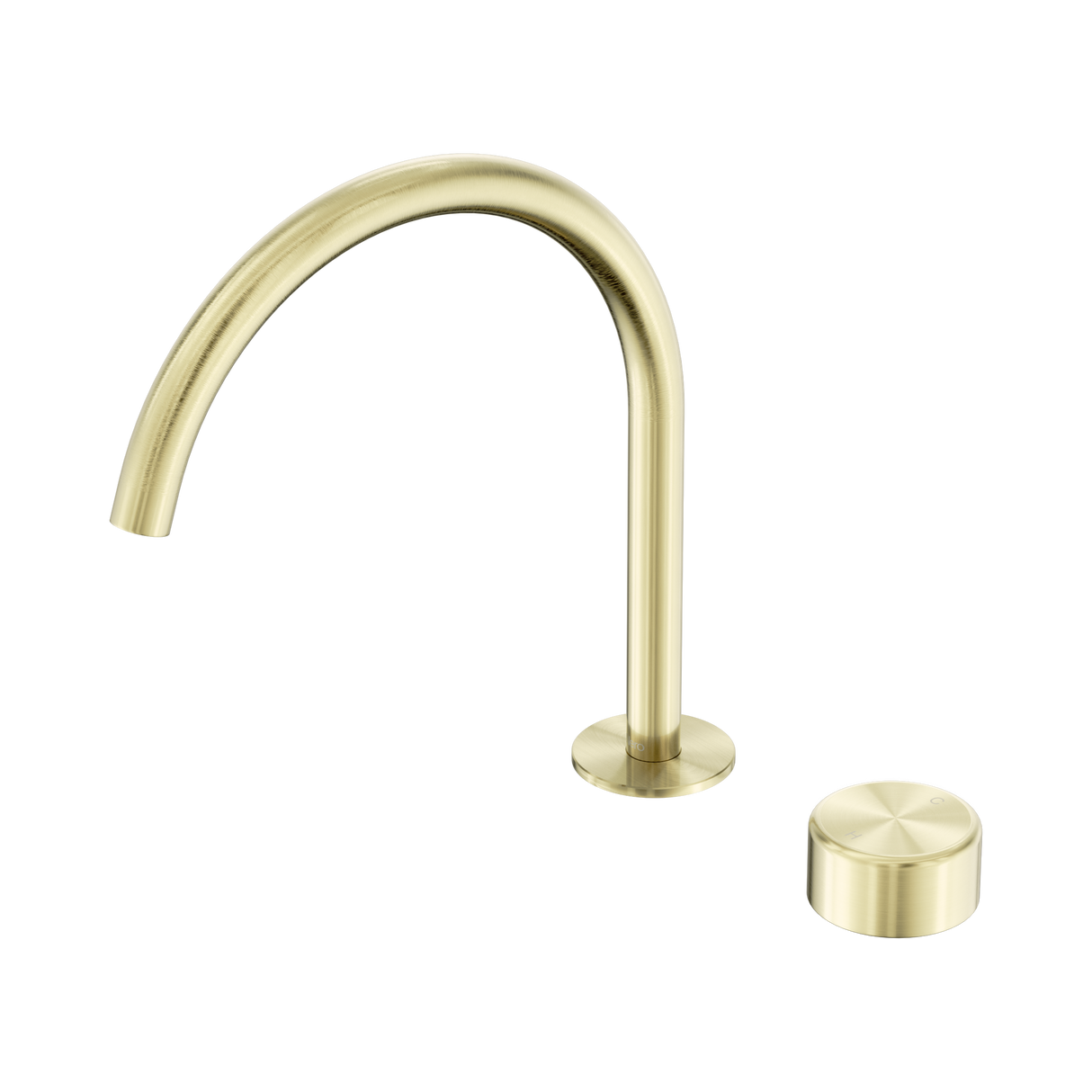 An image of Nero Tapware's Serenity Progressive Bath/Kitchen Mixer Arc Spout With Metal Handle Brushed Gold