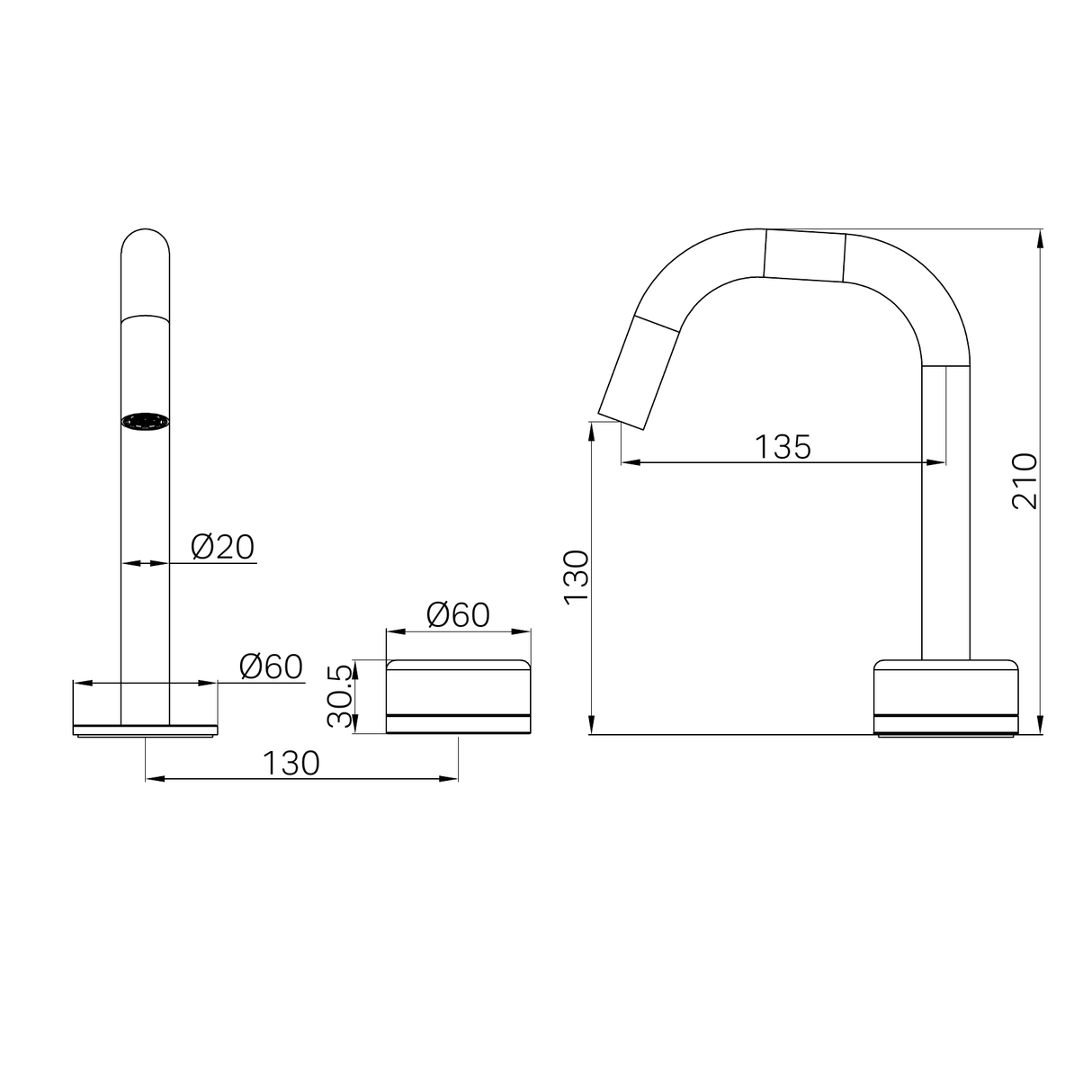 A line drawing of Nero Tapware's Serenity Progressive Basin Mixer Edge Spout With Carrara Handle Brushed Bronze