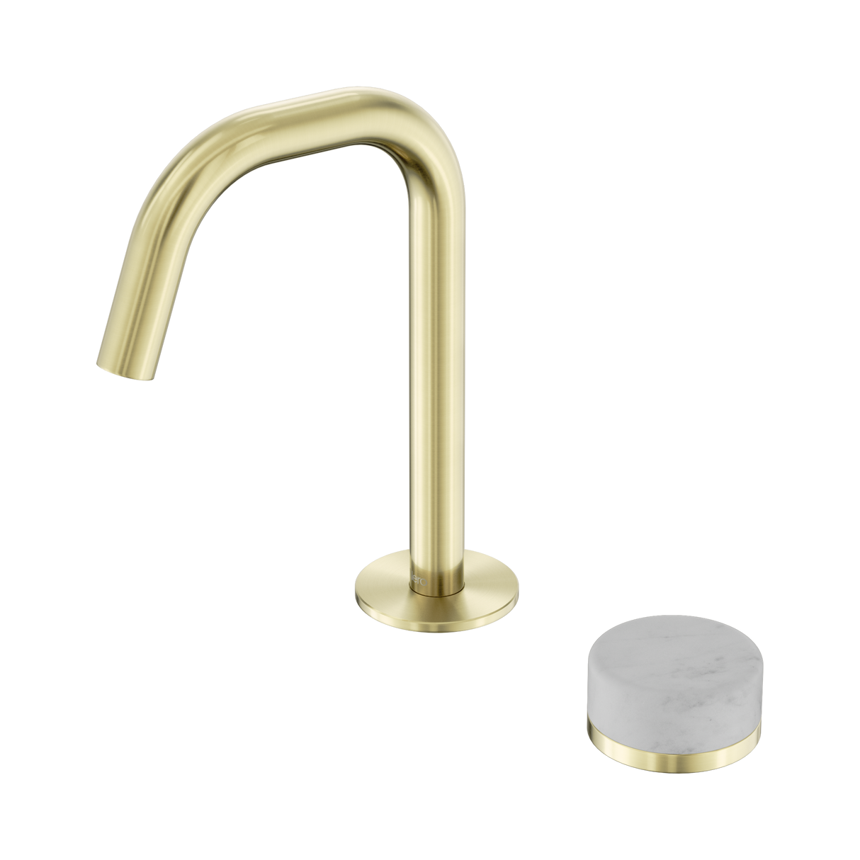 An image of Nero Tapware's Serenity Progressive Basin Mixer Edge Spout With Carrara Handle Brushed Gold