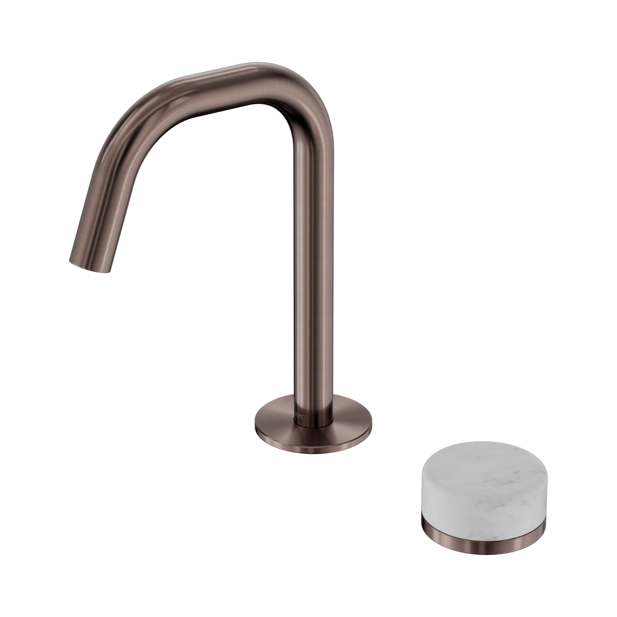 An image of Nero Tapware's Serenity Progressive Basin Mixer Edge Spout With Carrara Handle Brushed Bronze