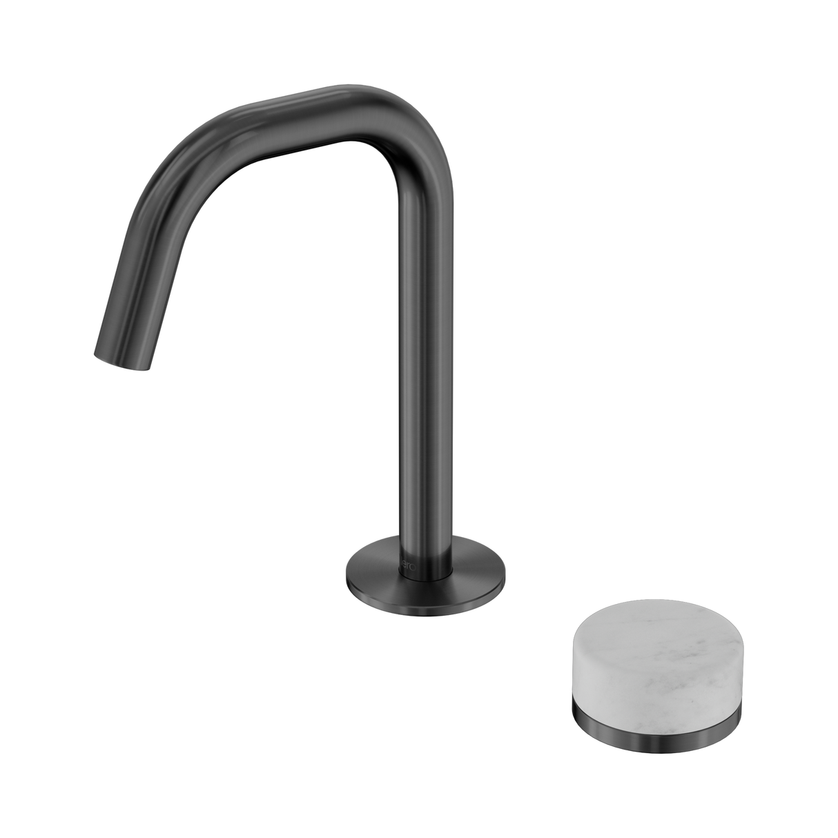 An image of Nero Tapware's Serenity Progressive Basin Mixer Edge Spout With Carrara Handle Gun Metal