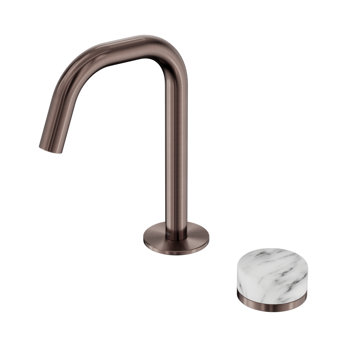 An image of Nero Tapware's Serenity Progressive Basin Mixer Edge Spout With Arabescato Corchia Handle Brushed Bronze