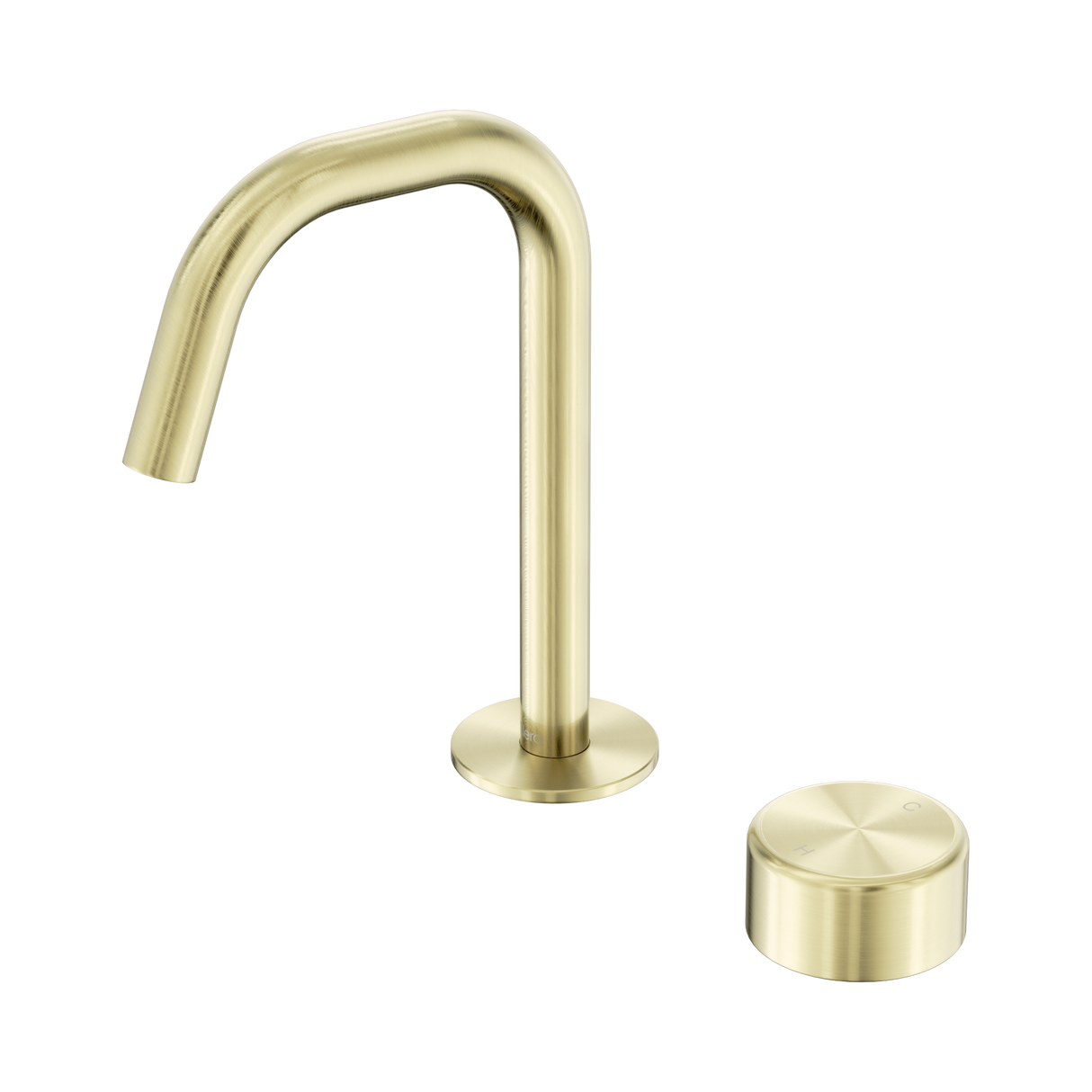 An image of Nero Tapware's Serenity Progressive Basin Mixer Edge Spout With Metal Handle Brushed Gold