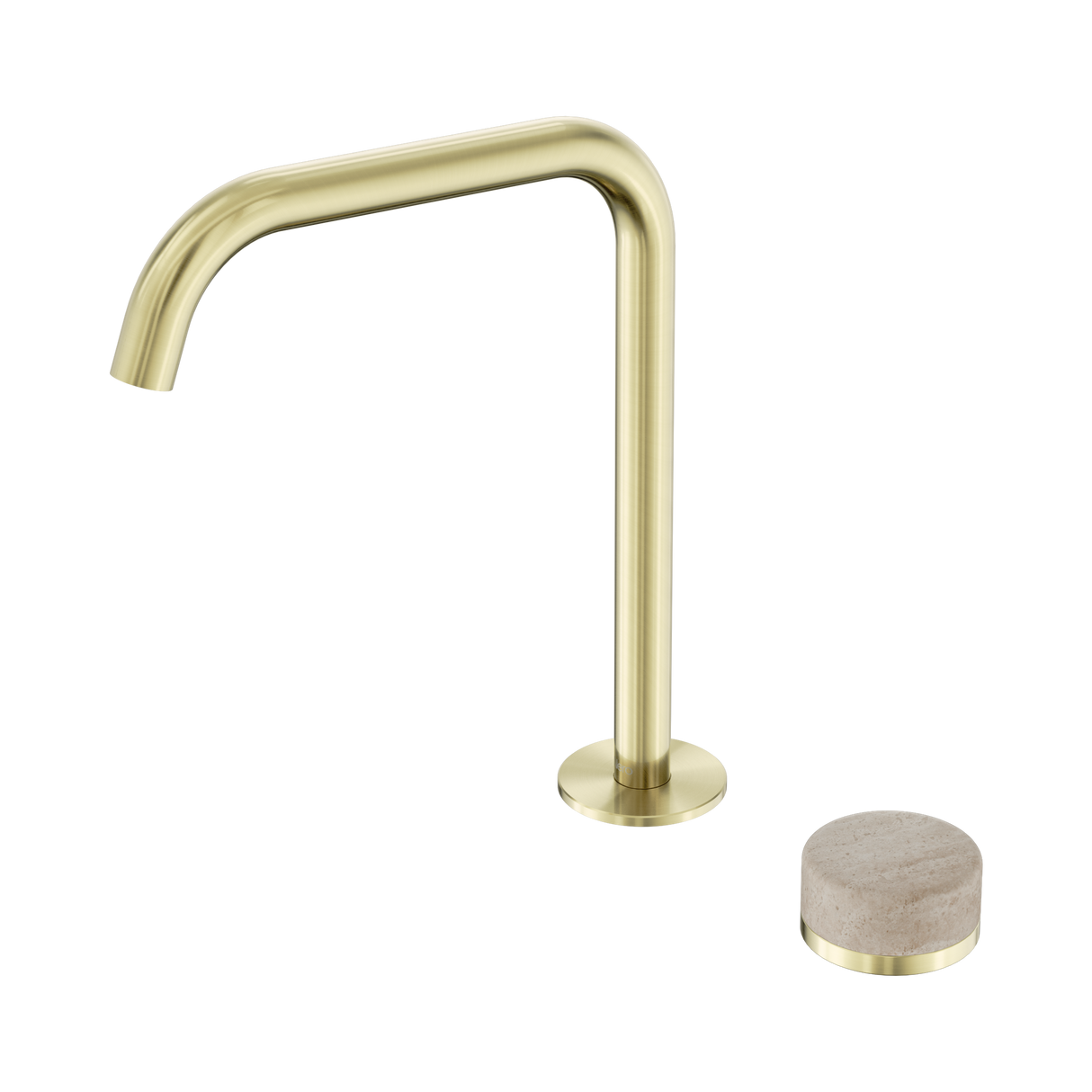 An image of Nero Tapware's Serenity Progressive Bath/Kitchen Mixer Edge Spout With Rome Travertine Handle Brushed Gold