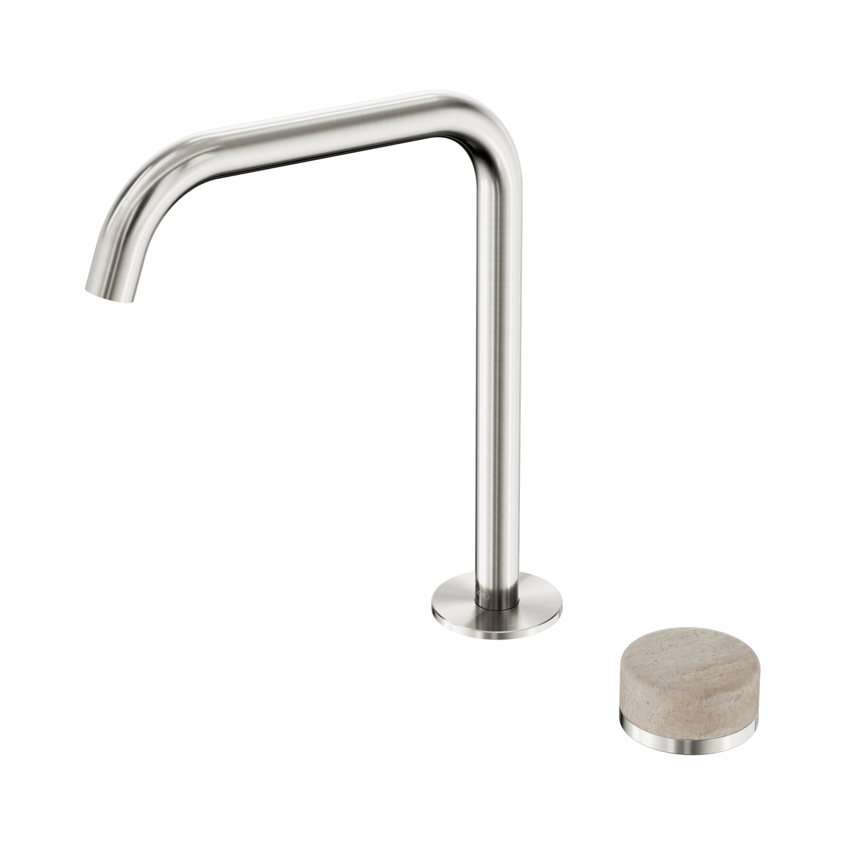 An image of Nero Tapware's Serenity Progressive Bath/Kitchen Mixer Edge Spout With Rome Travertine Handle Brushed Nickel