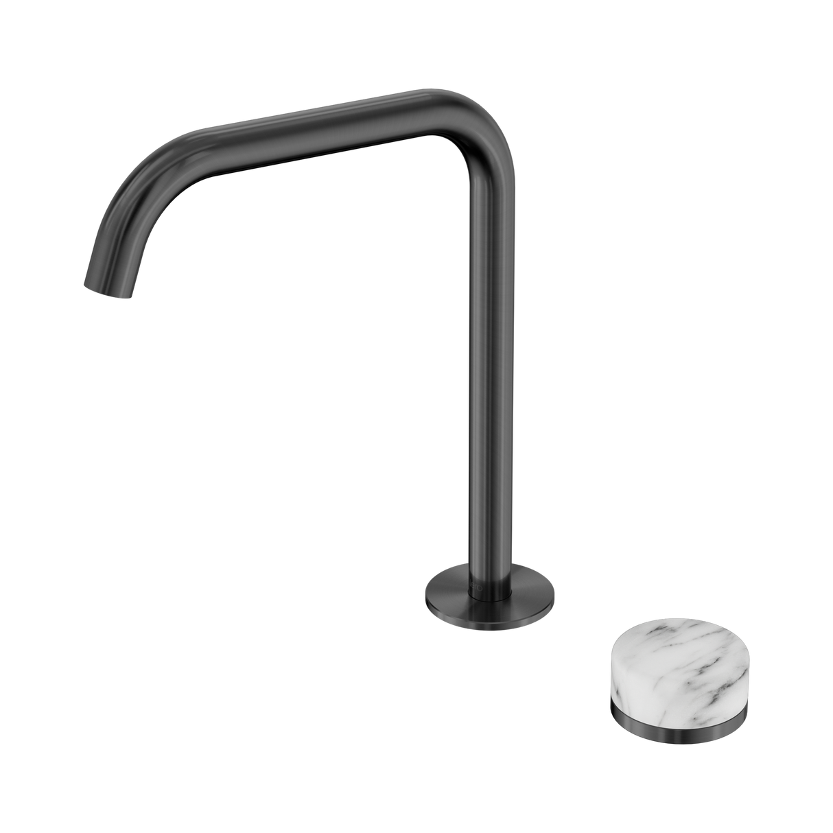 An image of Nero Tapware's Serenity Progressive Bath/Kitchen Mixer Edge Spout With Arabescato Corchia Handle Gun Metal