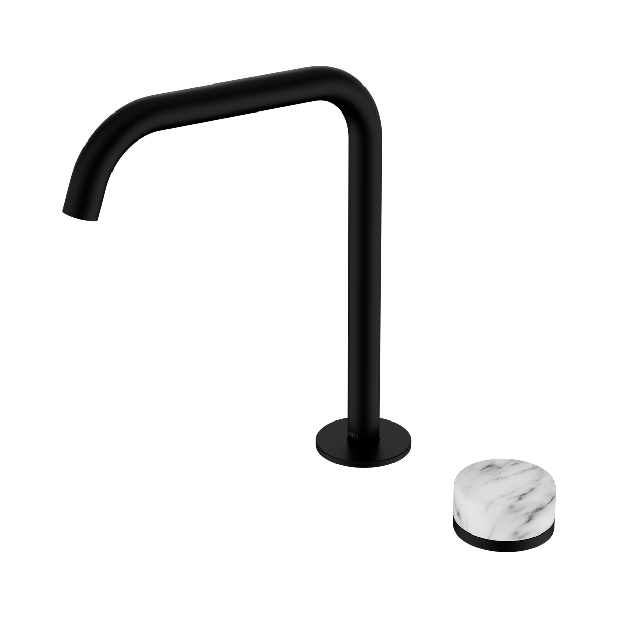 An image of Nero Tapware's Serenity Progressive Bath/Kitchen Mixer Edge Spout With Arabescato Corchia Handle Matt Black
