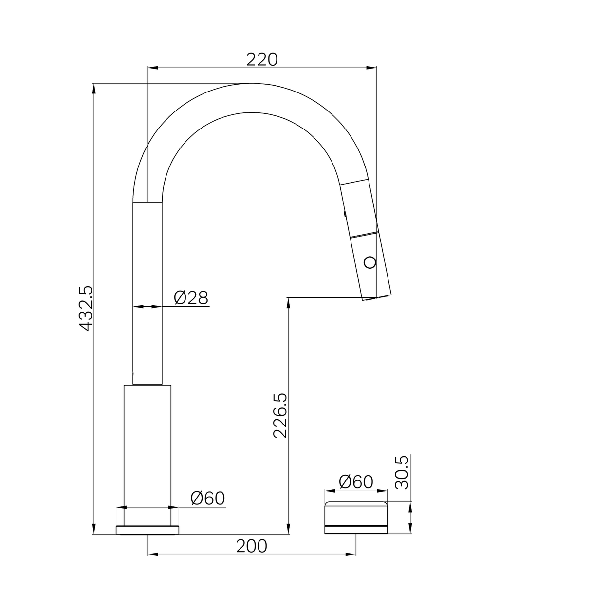 A line drawing of Nero Tapware's Serenity Progressive Pull Out Kitchen Set With Carrara Handle Brushed Bronze