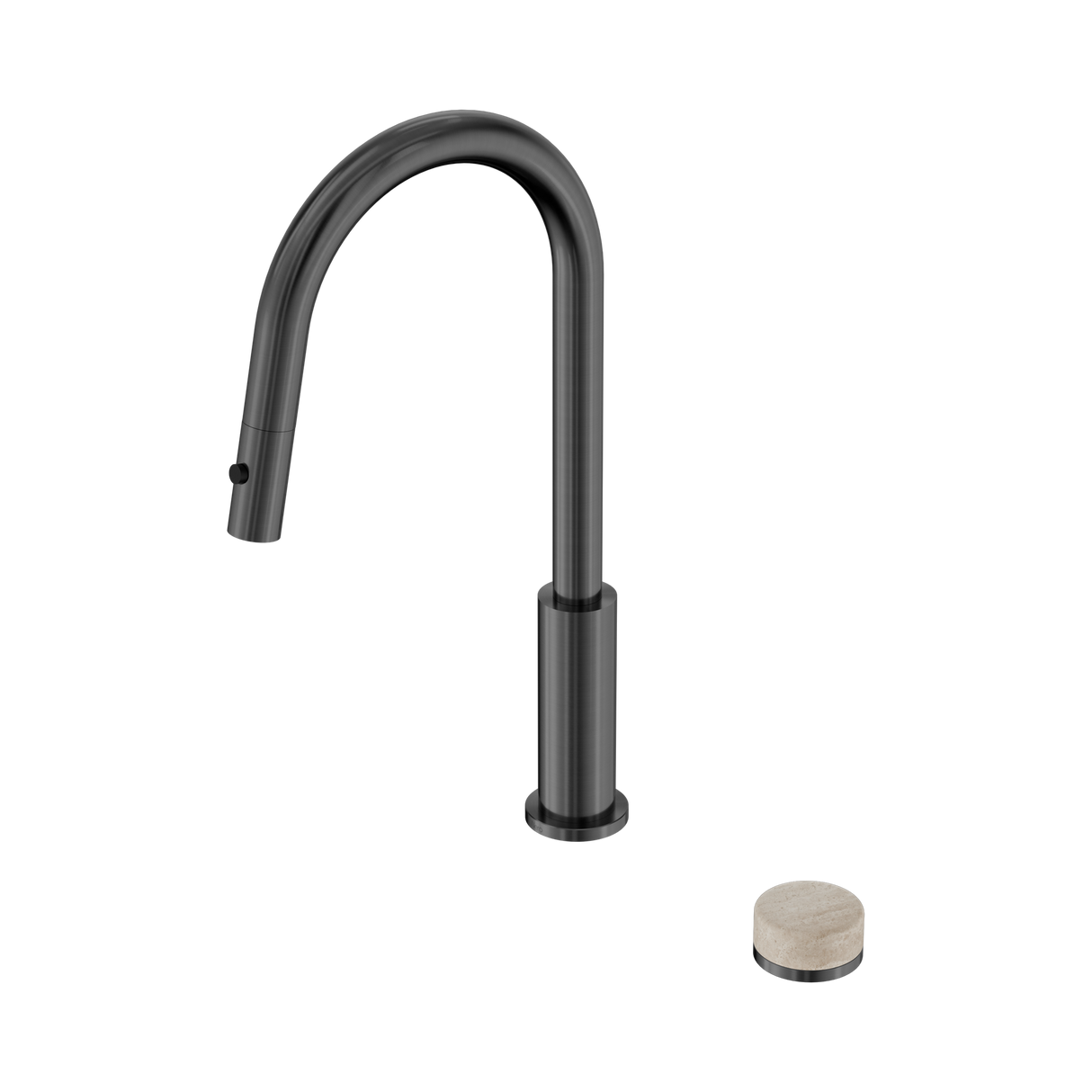 An image of Nero Tapware's Serenity Progressive Pull Out Kitchen Set With Rome Travertine Handle Gun Metal
